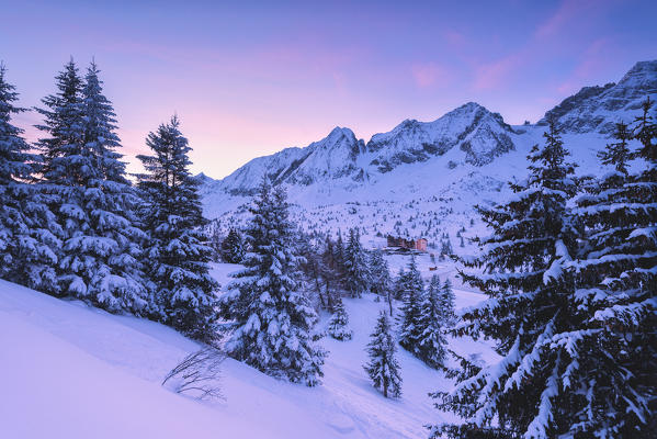 Sunrise in Tonale pass, Lombardy district, Brescia province, Italy, Europe.