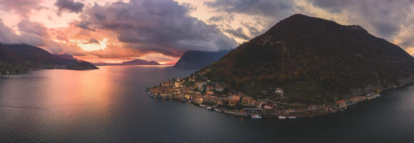 Peschiera Maraglio aerial view, Lombardy district, Brescia province, Italy.