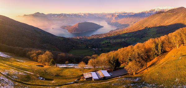 Iseo lake aerial view, Lombardy district, Brescia province, Italy.