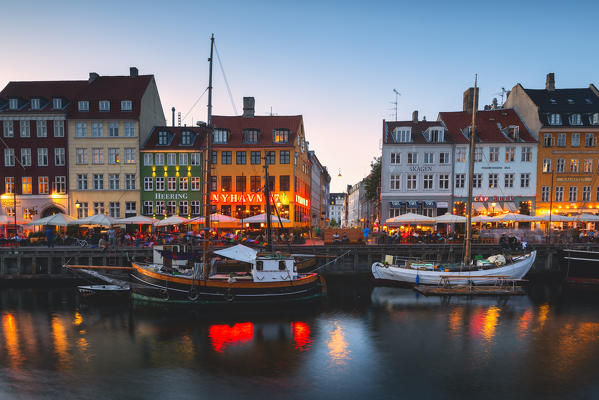 Blue Hour in Nyhavn, Copenhagen, Hovedstaden, Denmark, Northern Europe.