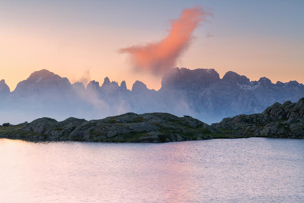 Brenta dolomites at dawn , Lago Nero di Cornisello, Trentino Alto Adige, Italy.