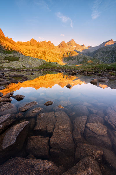 Sunrise on the tops of the Presanella, Adamello Brenta natural park,  Trentino Alto Adige, Italy.