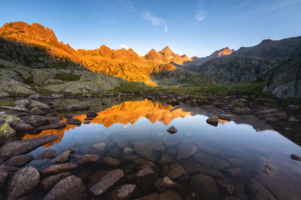 Sunrise on the tops of the Presanella, Adamello Brenta natural park,  Trentino Alto Adige, Italy.