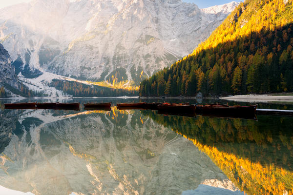 Sunrise at Braies lake in Trentino Alto Adige, Bolzano province, Italy.