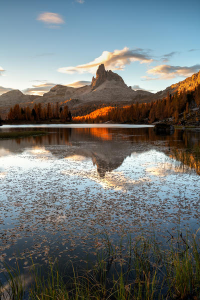 Autumn sunrise at Lake Federa, Cortina d'Ampezzo, Veneto, Italy.