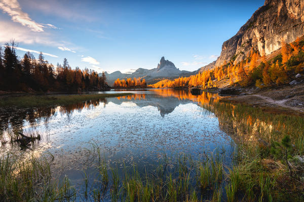 Autumn sunrise at Lake Federa, Cortina d'Ampezzo, Veneto, Italy.