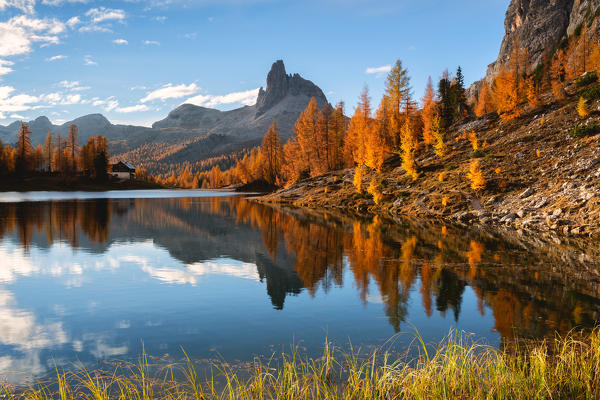 Autumn sunrise at Lake Federa, Cortina d'Ampezzo, Veneto, Italy.