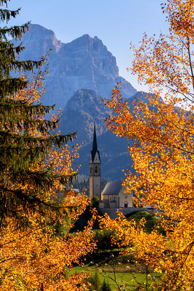 The church of Selva di Cadore in autumn season, Belluno province, Veneto district, Italy.