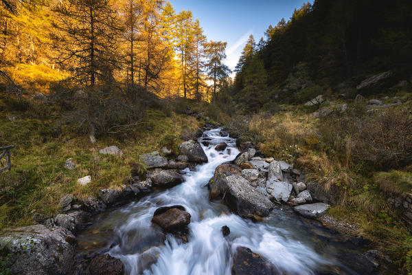 Autumn waterfalls in Valle delle Messi, Ponte di Legno, Lombardy District, Italy.