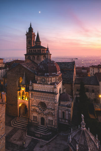 Santa Maria Maggiore and Chapel Colleoni view from Campanone tower at sunset in Autumn season, Bergamo, Bergamo province, Lombardy district, Italy.