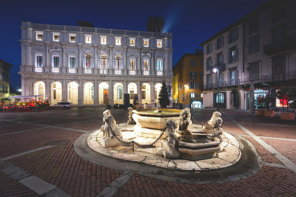 Piazza Vecchia in Bergamo at blue hour, Bergamo province, Lombardy district, Italy.