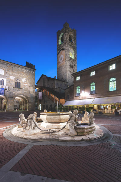 Piazza Vecchia in Bergamo at blue hour, Bergamo province, Lombardy district, Italy.