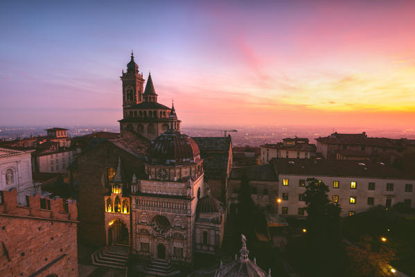 Santa Maria Maggiore and Chapel Colleoni view from Campanone tower at sunset in Autumn season, Bergamo, Bergamo province, Lombardy district, Italy.