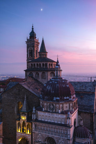 Santa Maria Maggiore and Chapel Colleoni view from Campanone tower at sunset in Autumn season, Bergamo, Bergamo province, Lombardy district, Italy.