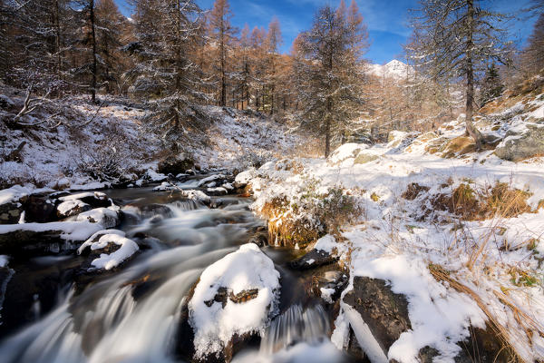 Winter season in Stelvio national park in Camonica valley, Lombardy district, Brescia province, Italy.