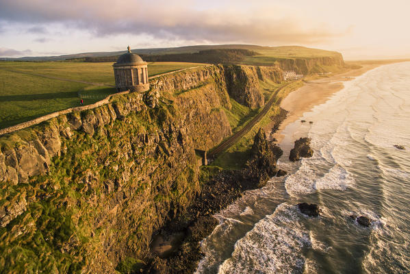 Mussenden temple, Castlerock, County Antrim, Ulster region, northern Ireland, United Kingdom. Aerial view.