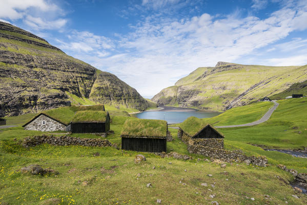 Saksun, Stremnoy island, Faroe Islands, Denmark. Iconic green roof houses.