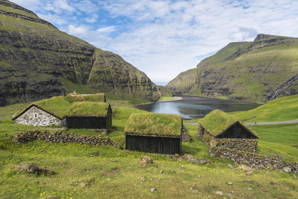 Saksun, Stremnoy island, Faroe Islands, Denmark. Iconic green roof houses.