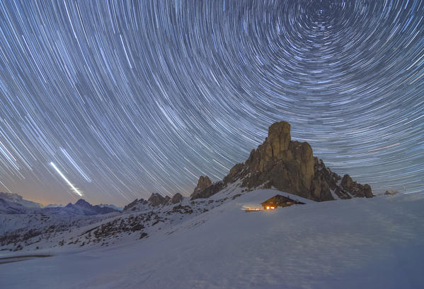 Ra Gusela, Giau Pass, Dolomites, Veneto, Italy. Winter startrail at Giau Pass