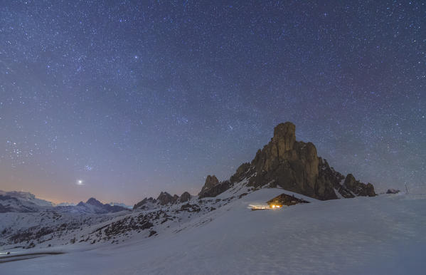 Giau Pass, Dolomites, Veneto, Italy. Winter night at Giau Pass