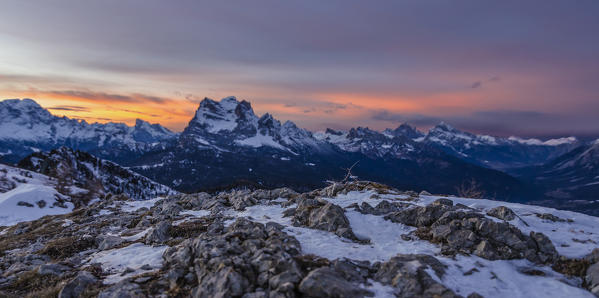 Pelmo mount, Civetta mount, Monte Rite, Cibiana di Cadore, Belluno, Dolomites, Veneto, Italy. Sunset on Monte Rite