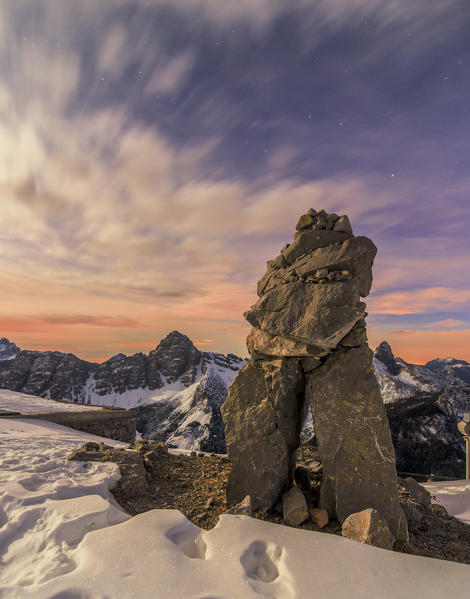 Sasolungo di Cibiana, Monte Rite, Cibiana di Cadore, Belluno, Dolomites, Veneto, Italy. Starry night on Monte Rite