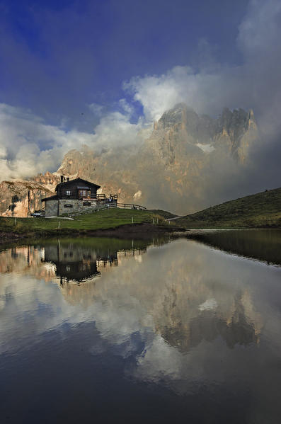 Baita Segantini, Trento, Dolomites, South Tyrol, Italy. Baita Segantini and his lake