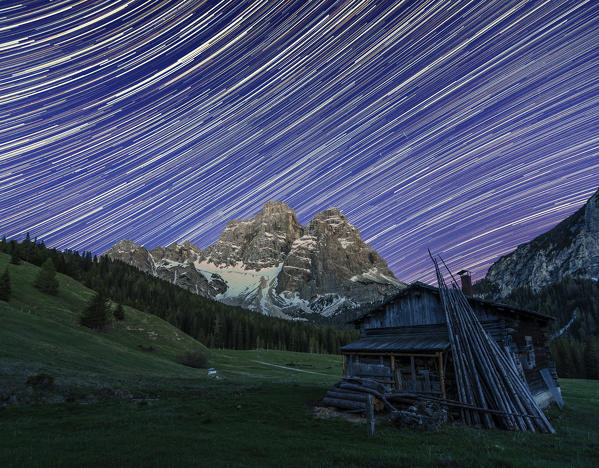 Selva di Cadore, Veneto, Cadore, Belluno, Dolomites, Italy. Equatorial Startrail over Pelmo