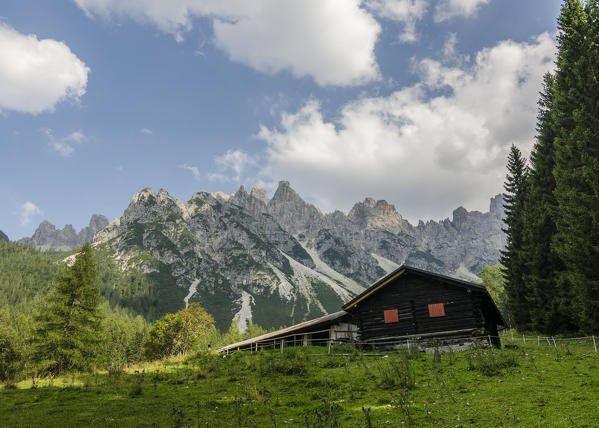 Malga Pra di Toro, Spalti di Toro, Dolomites, Belluno, Veneto, Italy. Chalet at Malga Prà di Toro