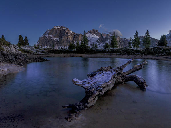 Limedes Lake, Lagazuoi, Falzarego Pass, Dolomites, Veneto, Italy. Blue hour at Limedes Lake