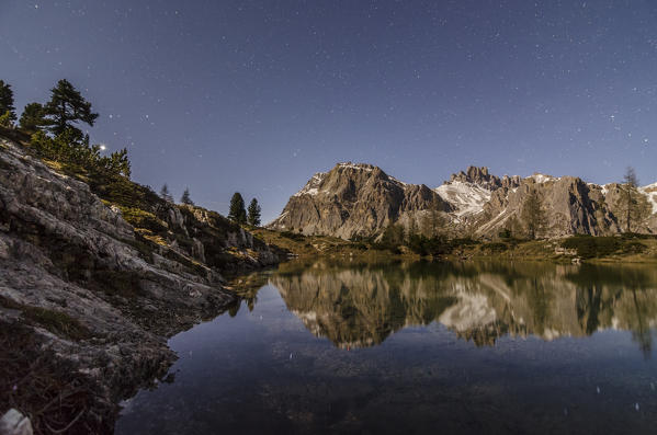 Lagazuoi, Limedes Lake, Dolomites, Belluno, Veneto, Italy. Mount Lagazuoi is reflected in Limedes lake