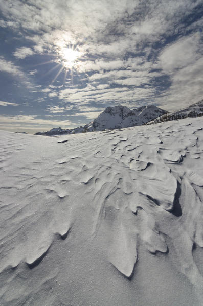 Casera Razzo, Carnia, Dolomites, Veneto, Belluno, Italy. Snow waves at Casera Razzo