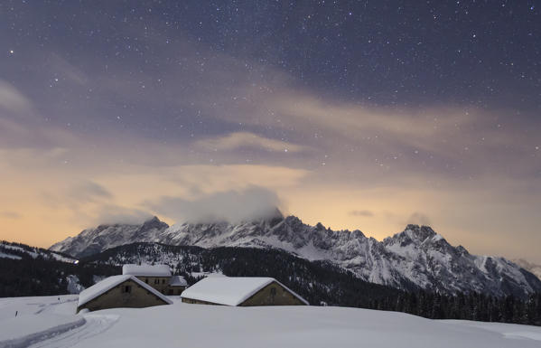 Casera Razzo, Carnia, Dolomites, Veneto, Belluno, Italy. Starry night at Casera Razzo