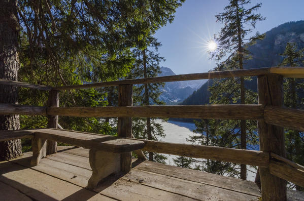 Braies Lake, Croda del Becco, Seekofel,Dolomites, South Tyrol, Italy. Braies lake