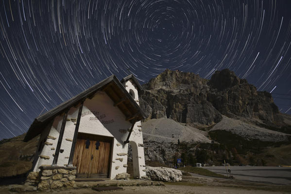 Lagazuoi, Falzarego pass, Cortina d'Ampezzo, Dolomiti, Dolomites, Belluno, Veneto, Italy. Startrail at Falzarego's church