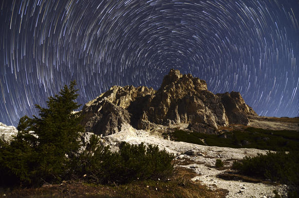 Lagazuoi, Falzarego pass, Cortina d'Ampezzo, Dolomiti, Dolomites, Belluno, Veneto, Italy. Startrail at Lagazuoi