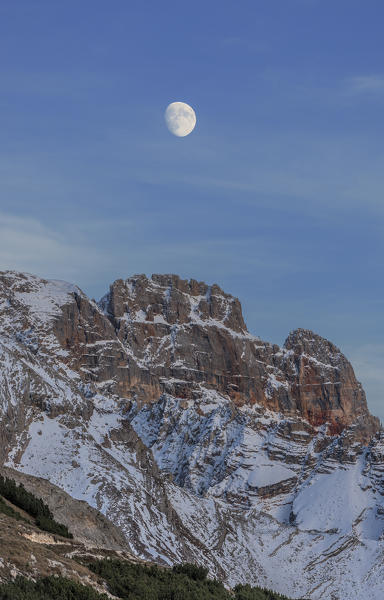 Croda Rossa, Cortina d'Ampezzo, Belluno, Veneto, Italy. Moon and Croda Rossa