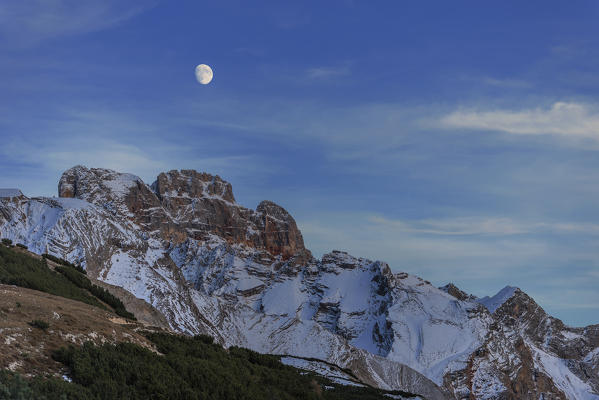 Croda Rossa, Cortina d'Ampezzo, Belluno, Veneto, Italy. Croda Rossa and Moon