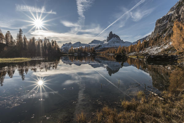 Federa lake, Becco di mezzodi, Croda da Lago, Cortina d'Ampezzo, Belluno, Veneto, Italy.  Becco di mezzodi