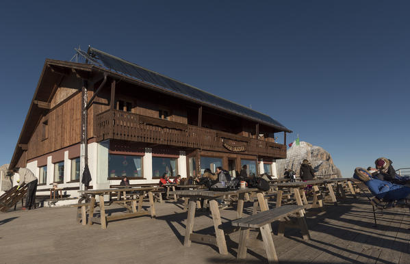 Lagazuoi mount, Falzarego Pass, Cortina d'Ampezzo, Dolomiti, Dolomites, Belluno, Veneto, Italy. Lagazuoi's refuge