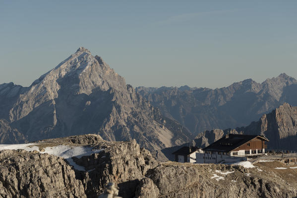 Lagazuoi mount, Falzarego Pass, Dolomiti, Dolomites, Belluno, Veneto, Italy. Lagazuoi's refuge