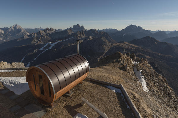 Lagazuoi mount, Falzarego Pass, Cortina d'Ampezzo, Dolomiti, Dolomites, Belluno, Veneto, Italy. Lagazuoi refuge's sauna.