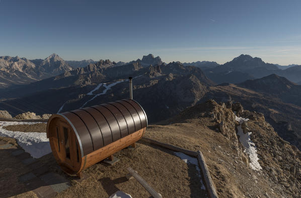 Lagazuoi mount, Falzarego Pass, Cortina d'Ampezzo, Dolomiti, Dolomites, Belluno, Veneto, Italy. Lagazuoi refuge's sauna