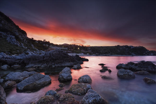 Capo Vaticano, Tyrrhenian Sea, Tyrrhenian Coast, Calabria, Italy. Dawn at Capo Vaticano, Santa Maria resort. 