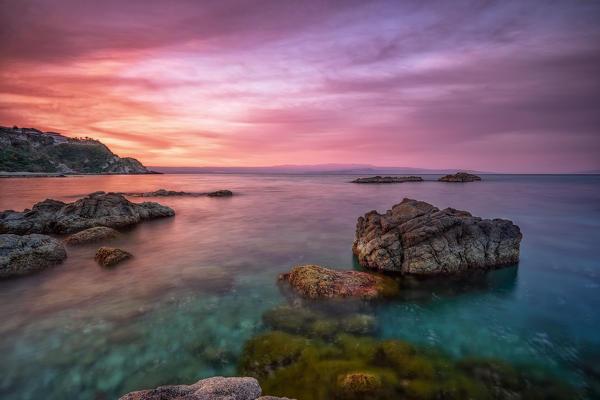 Capo Vaticano, Tyrrhenian Sea, Tyrrhenian Coast, Calabria, Italy. A pinkish dawn at Capo Vaticano, Santa Maria resort. 