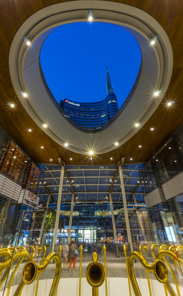 Unicredit tower seen from below of the Gae Aulenti Square. Milan, Lombardy, Italy.