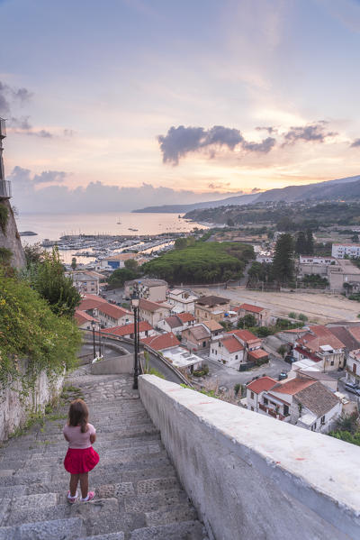 Tropea, Province of Vibo Valentia, Calabria, Italy. The harbor of Tropea at dawn seen from Scalinata della Munizione