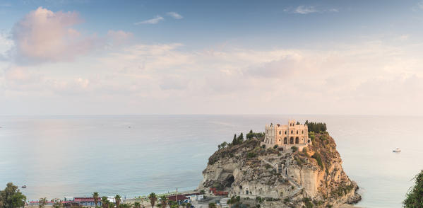 Tropea, Province of Vibo Valentia, Calabria, Italy. Panoramic view of Santa Maria dell'Isola at dusk