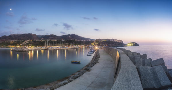 Tropea, Province of Vibo Valentia, Calabria, Italy. Fantastic panoramic view of the Tropea's Harbor during the blue hour