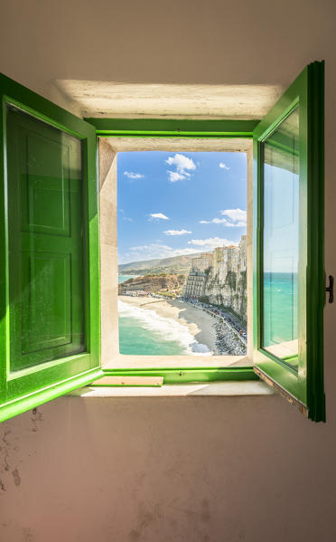 Tropea, Province of Vibo Valentia, Calabria, Italy. Tropea framed in a window